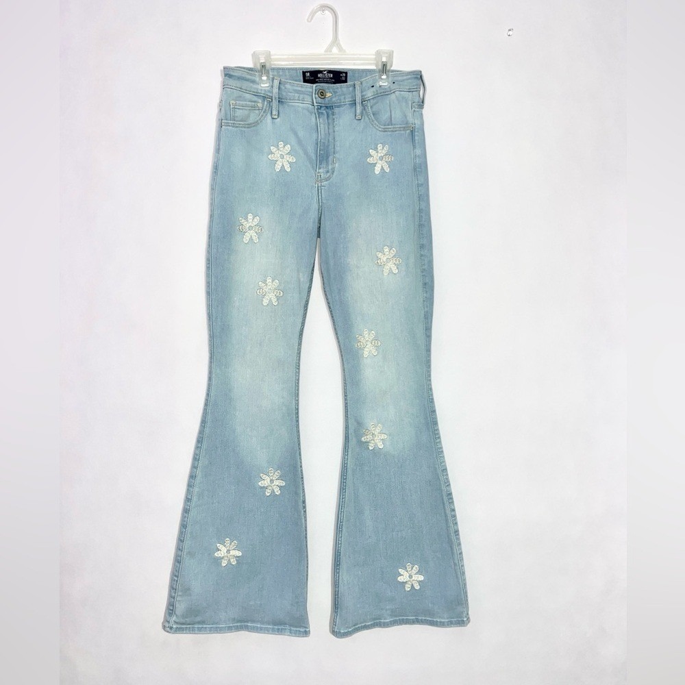Hollister High Rise Flare Jeans Women's/Juniors 9R Blue Light Wash Embroidered - Picture 4 of 15